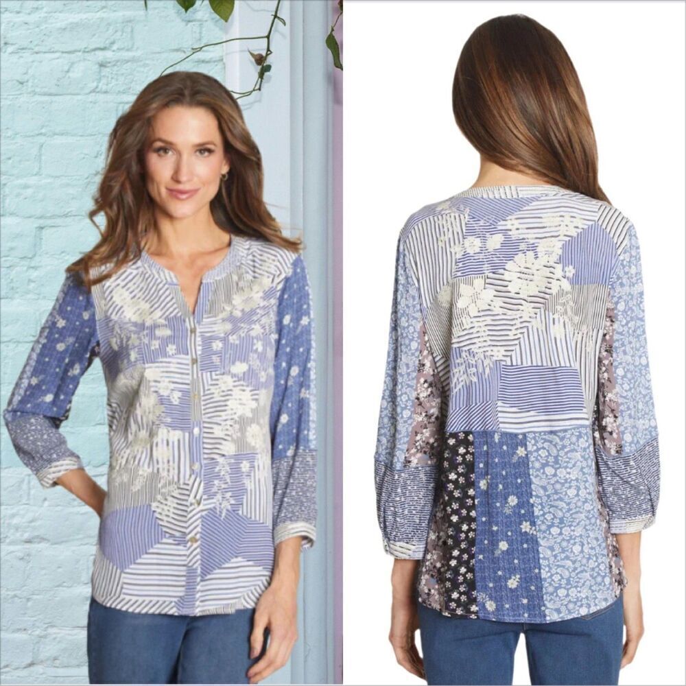 John Mark Embroidered Floral Top Size Petite Medium Mixed Print Stripe Boho